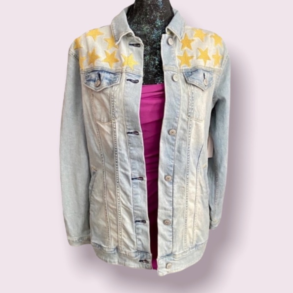 LuLaRoe Jaxon Embroidered Star Denim Jacket in Light Blue